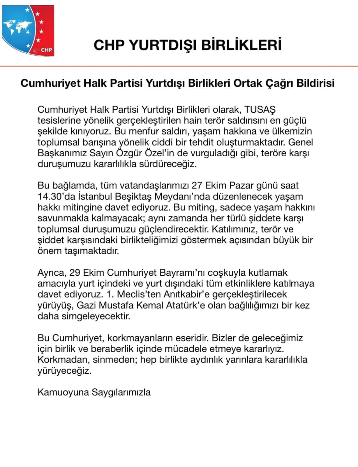 Cumhuriyet Halk Partisi Yurtdışı Birlikleri Ortak Çağrı Bildirisi