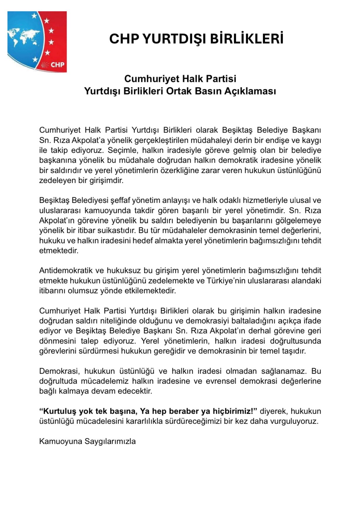 Cumhuriyet Halk Partisi Yurtdışı Birlikleri Ortak Basın Açıklaması