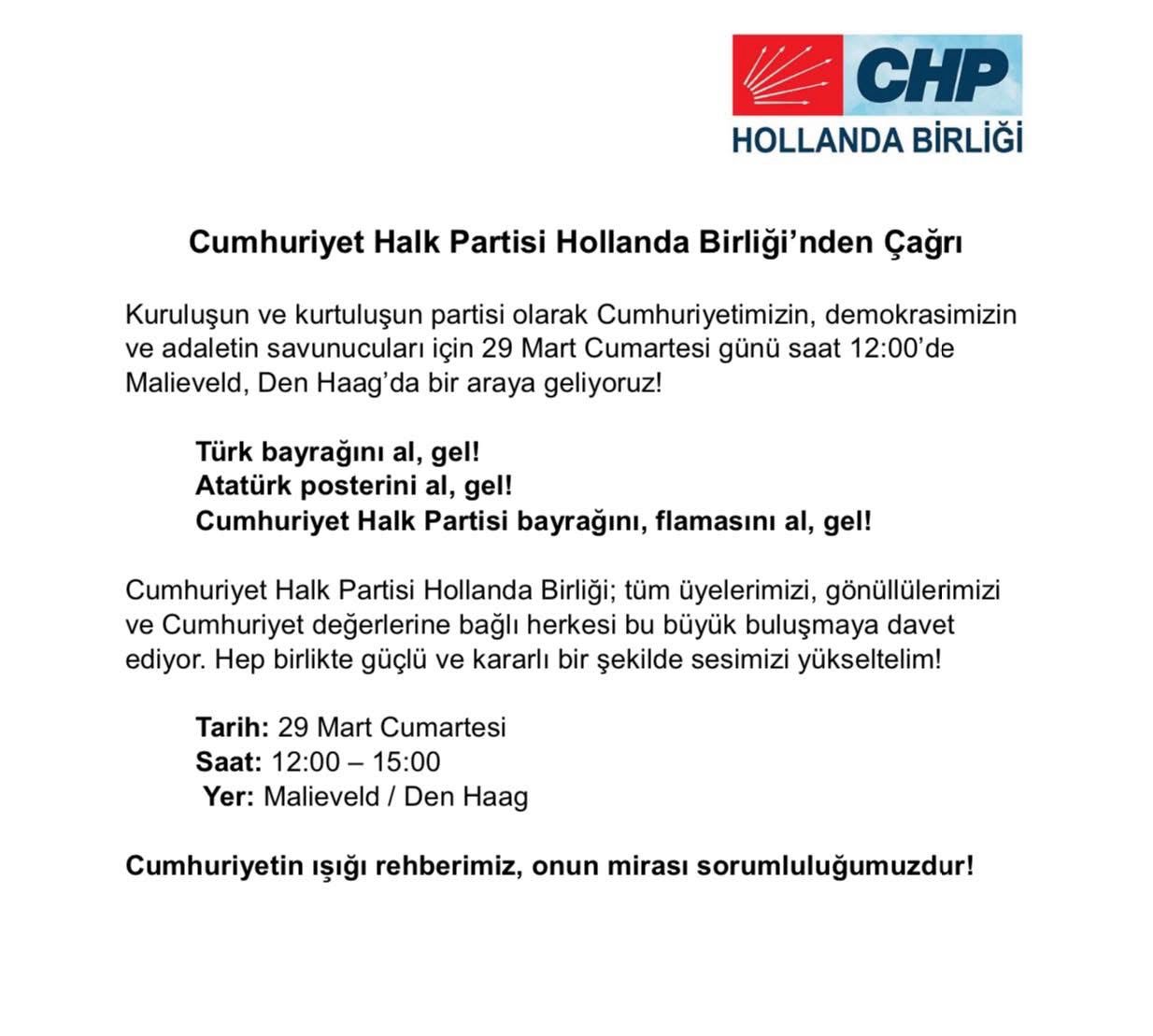 CHP Hollanda Birliği’nden Çağrı: Adalet ve Demokrasi İçin 29 Mart’ta Den Haag’dayız!