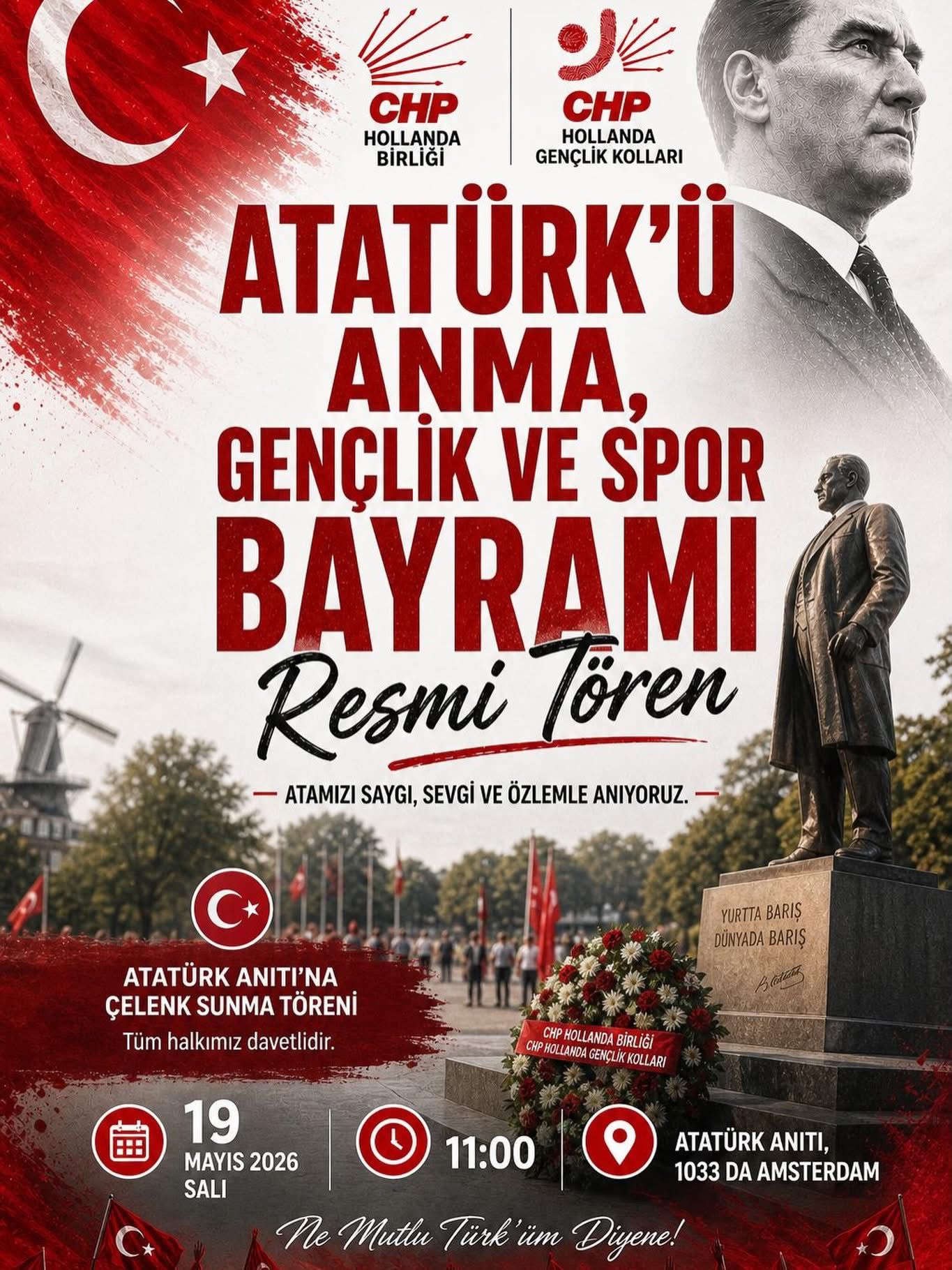 19 Mayıs Atatürk’ü Anma, Gençlik ve Spor Bayramı Amsterdam’da Resmî Törenle Kutlanacak